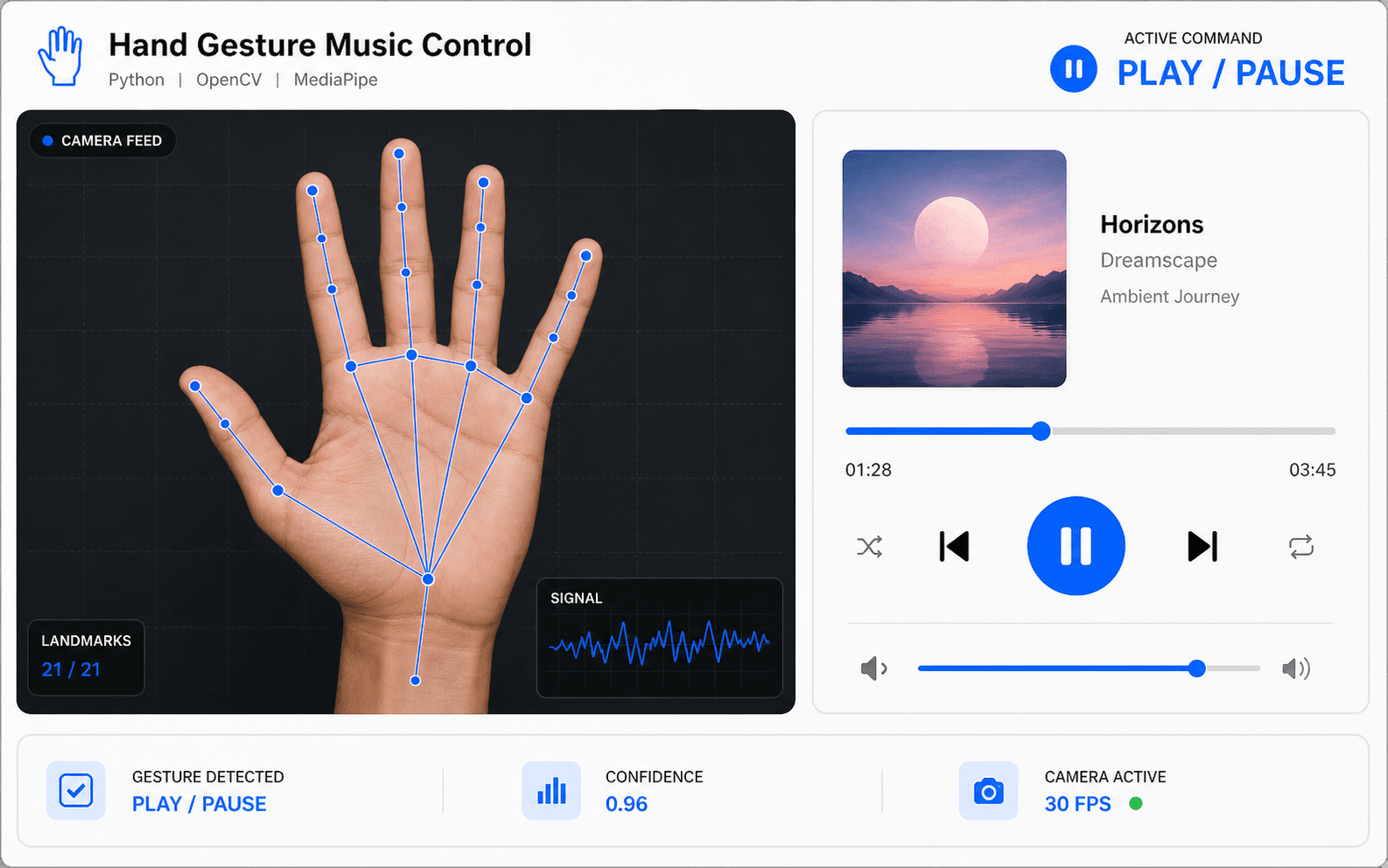 Hand Gesture Music Control interface with MediaPipe hand tracking and playback controls