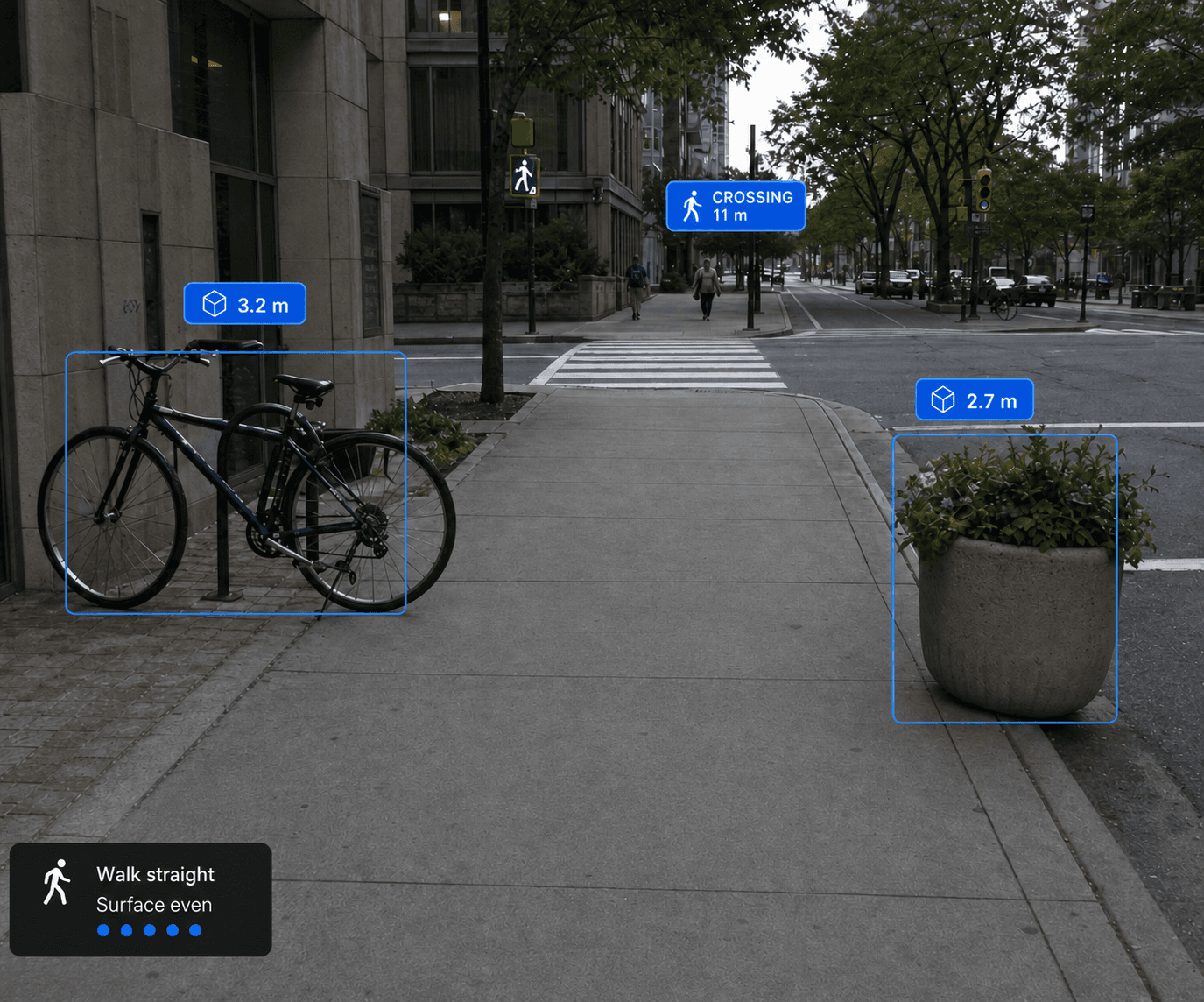Visual Navigator interface detecting a bicycle and planter along an urban walking route